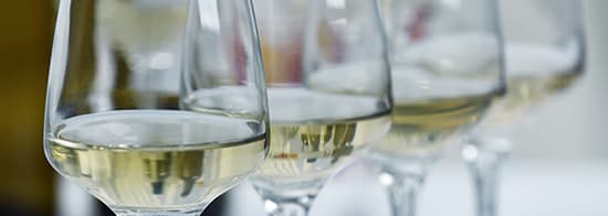 VierWeingläser gefüllt mit Chardonnay