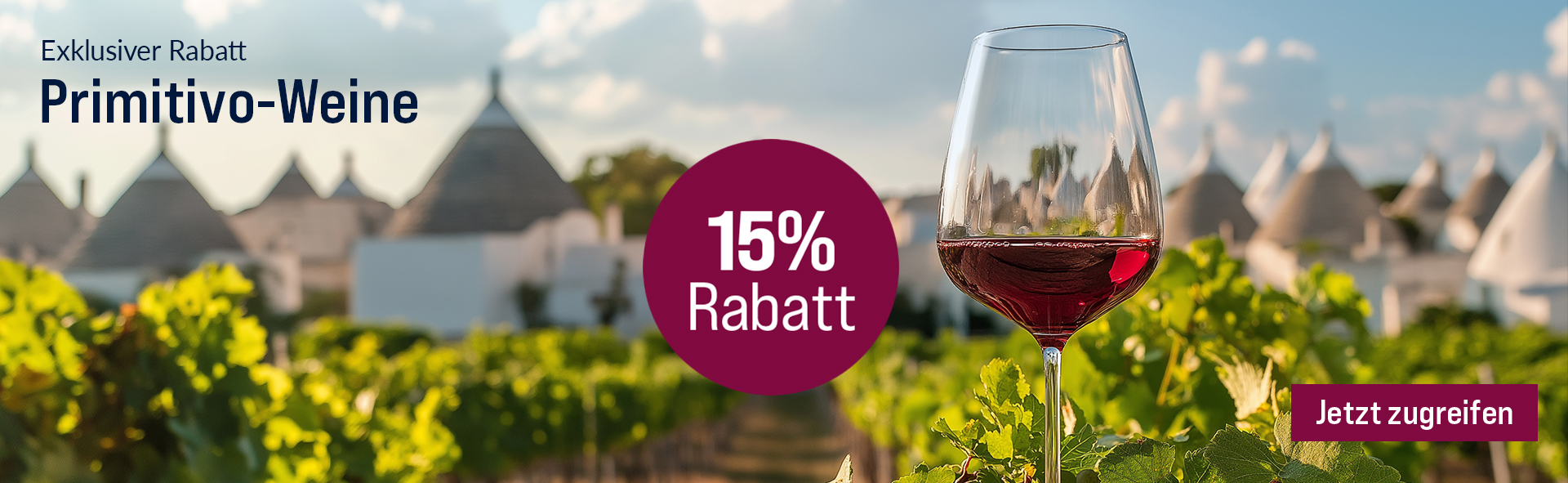 Silkes Weinkeller Weinaktion mit dem Slogan "Exklusiver Rabatt. Primitivo-Weine". Im Hintergrund Weinreben, im Vordergrund ein Glas Rotwein. Hinweis auf "15 % Rabatt". Unten Button "Jetzt zugreifen".