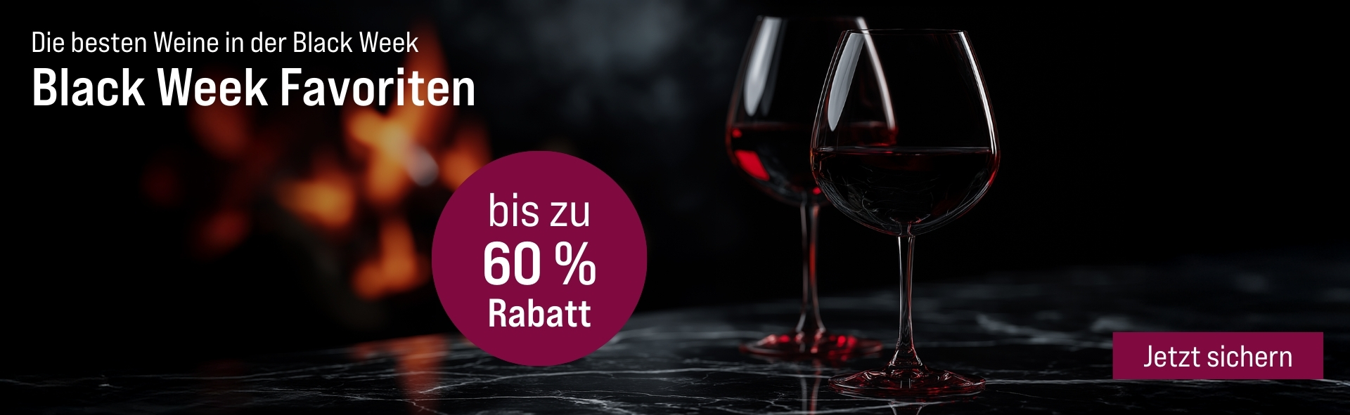 Silkes Weinkeller Weinaktion mit dem Slogan "Die besten Weine in der Black Week. Black Week Favoriten". Dunkler Untergrund mit Marmorierung, darauf mehrere Gläser Roséwein. Hinweis auf "bis zu 60% Rabatt". Unten Button "Jetzt sichern".