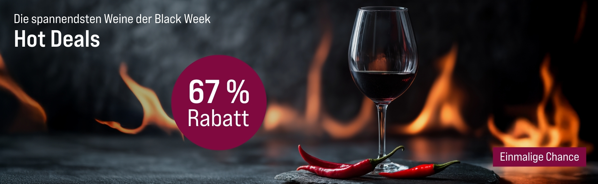 Silkes Weinkeller Weinaktion mit dem Slogan "Die spannendsten Weine der Black Week. Hot Deals". Dunkler Untergrund mit Marmorierung, darauf mehrere Gläser Rotwein. Hinweis auf "67% Rabatt". Unten Button "Einmalige Chance".