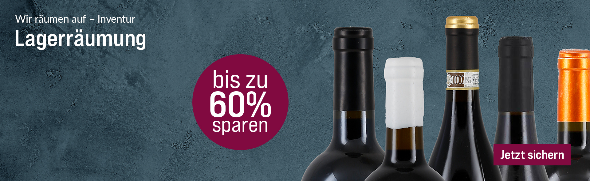 Silkes Weinkeller Weinaktion mit dem Slogan "Wir räumen auf - Inventur. Lagerräumung". Grauer Hintergrund mit fünf Flaschenhälsen auf der rechten Seite. Hinweis auf "bis zu 60 % sparen". Unten Button "Jetzt sichern".
