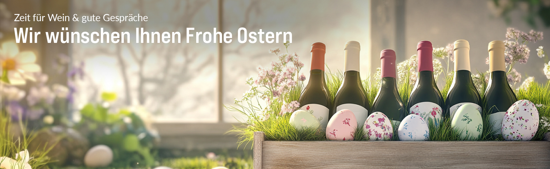 Silkes Weinkeller Weinaktion mit dem Slogan "Zeit für Wein und gute Gespräche. Wir wünschen Ihnen Frohe Ostern". Im Hintergrund florale Dekoration, davor fünf Flaschen Wein und Ostereier in einer Holzkiste.