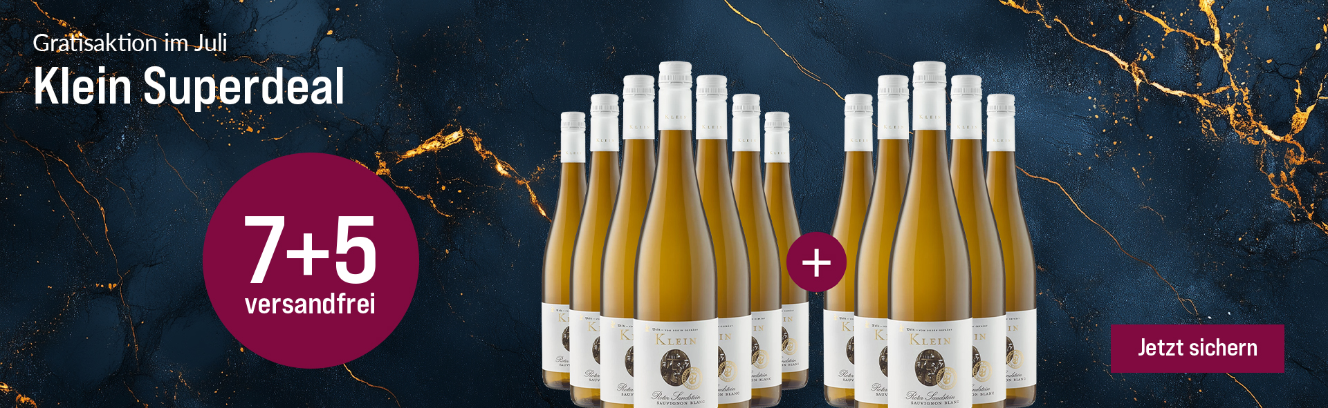Silkes Weinkeller Weinaktion mit dem Slogan "Gratisaktion im Juli - Klein Superdeal". Blauer Hintergrund mit goldenen Akzenten, darauf abgebildet 12 Flaschen Weißwein. Hinweis auf "7+5 versandfrei". Unten Button "Jetzt sichern".