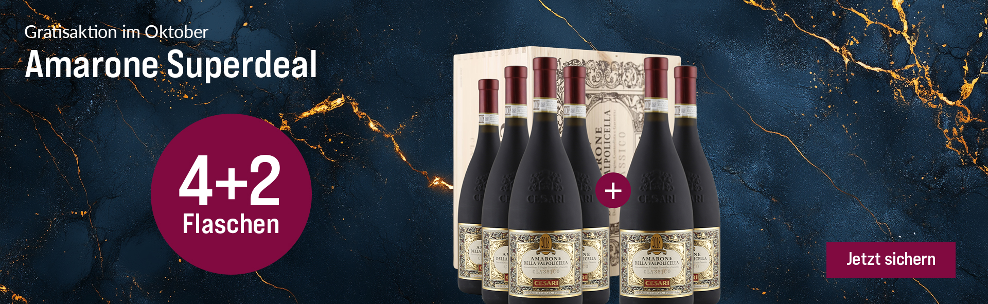Silkes Weinkeller Weinaktion mit dem Slogan "Gratisaktion im Oktober. Amarone Superdeal". Blauer Hintergrund mit goldenen Akzenten, darauf abgebildet 6 Flaschen Wein. Hinweis auf "4+2 Flaschen". Unten Button "Jetzt sichern".