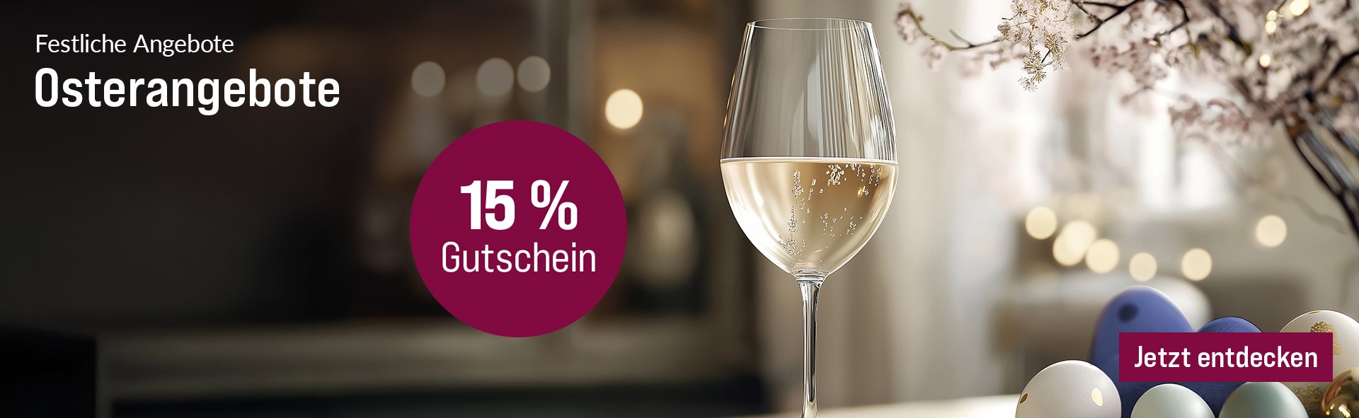 Silkes Weinkeller Weinaktion mit dem Slogan "Osterangebote". Im Hintergrund florale Dekoration, davor ein Glas Weißwein und Ostereier. Hinweis auf "15 % Gutschein". Unten Button "Jetzt entdecken".