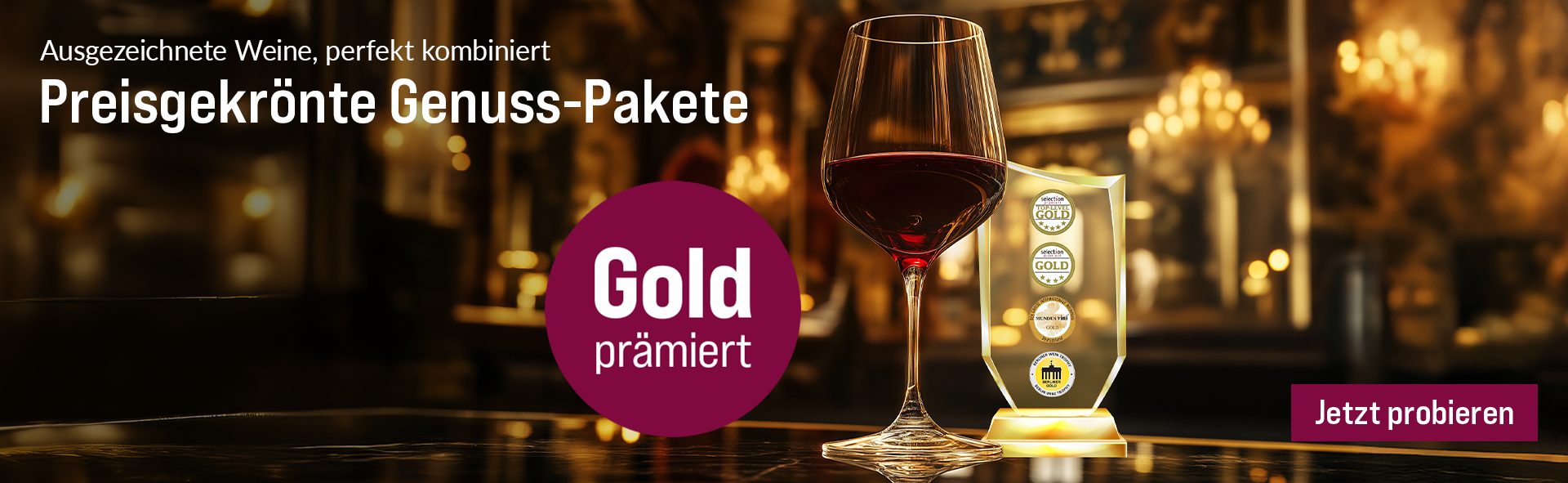Silkes Weinkeller Weinaktion mit dem Slogan "Ausgezeichnete Weine, perfekt kombiniert. Preisgekrönte Genuss-Pakete". Im Hintergrund ein Glas Rotwein neben einer Auszeichnung. Hinweis auf "Gold prämiert". Unten Button "Jetzt probieren".