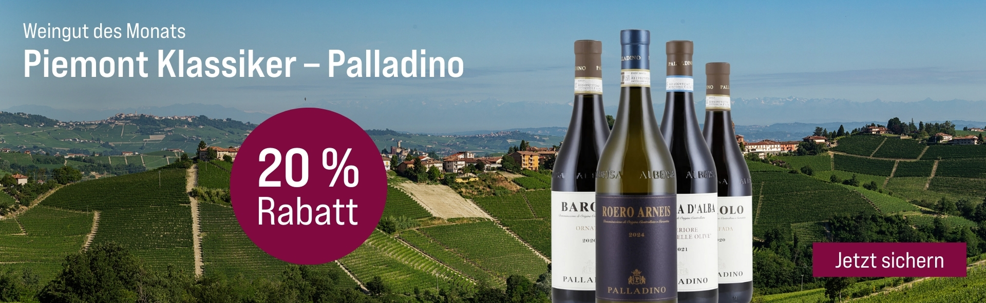 Silkes Weinkeller Weinaktion mit dem Slogan "Weingut des Monats. Piemont Klassiker - Palladino". Im Hintergrund eine Weingutslandschaft im Tageslicht. Hinweis auf "20 % Rabatt". Unten Button "Jetzt sichern". Mittig vier Flaschen.