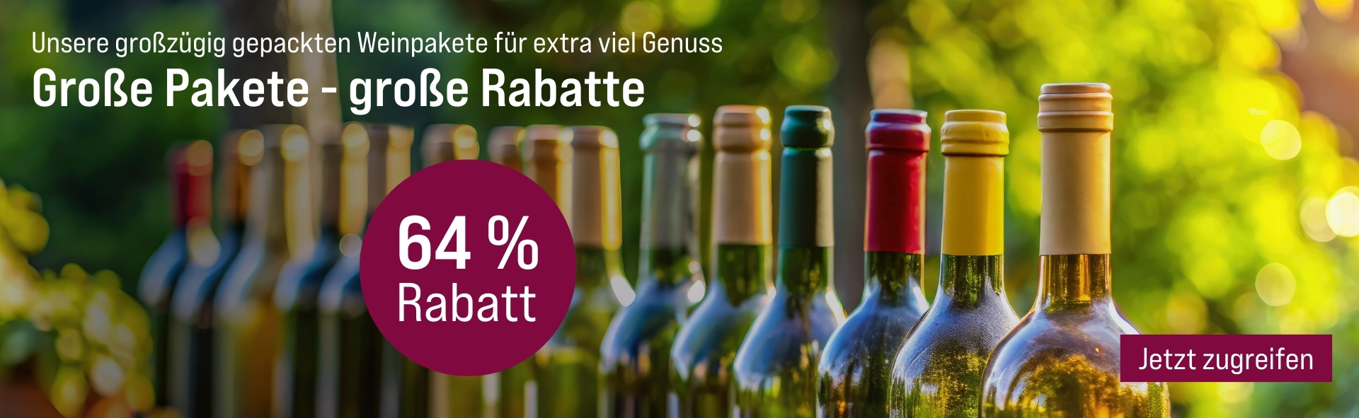 Silkes Weinkeller Weinaktion mit dem Slogan "Unsere großzügig gepackten Weinpakete für extra viel Genuss. Große Pakete - große Rabatte". Im Hintergrund ein Baum, davor mehrere Flaschen Wein. Hinweis auf "64 % Rabatt". Unten Button "Jetzt zugreifen".