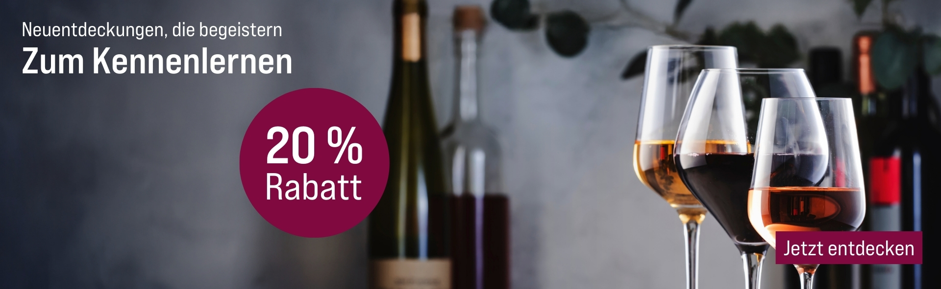 Silkes Weinkeller Weinaktion mit dem Slogan "Neuentdeckungen, die begeistern. Zum Kennenlernen". Im Hintergrund mehrere Flaschen Wein, rechts drei Weingläser mit diversen Weinen gefüllt. Hinweis auf "20 % Rabatt". Unten Button "Jetzt entdecken".