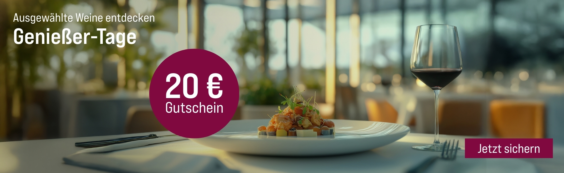 Silkes Weinkeller Weinaktion mit dem Slogan "Ausgewählte Weine entdecken. Genießer-Tage". Im Hintergrund ein gedeckter Tisch in einem Restaurant, auf dem ein mit Rotwein gefülltes Weinglas steht. Hinweis auf "20 € Gutschein". Unten Button "Jetzt sichern".