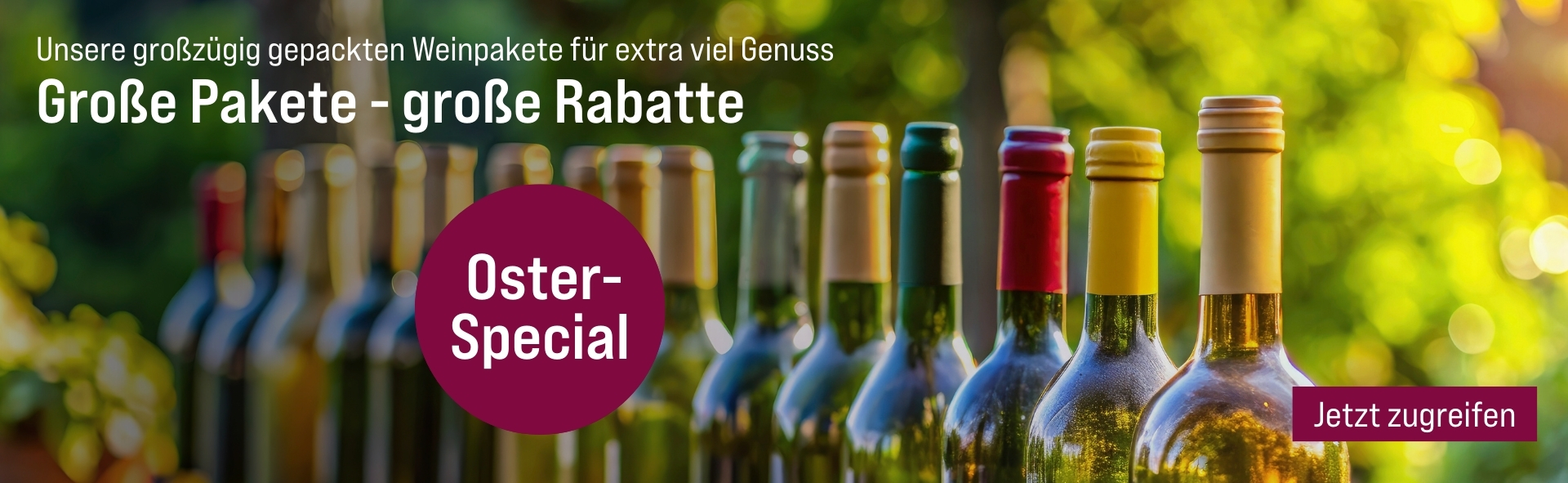 Silkes Weinkeller Weinaktion mit dem Slogan "Unsere großzügig gepackten Weinpakete für extra viel Genuss. Große Pakete - große Rabatte". Im Hintergrund ein Baum, davor mehrere Flaschen Wein. Hinweis auf "Oster-Special". Unten Button "Jetzt zugreifen".