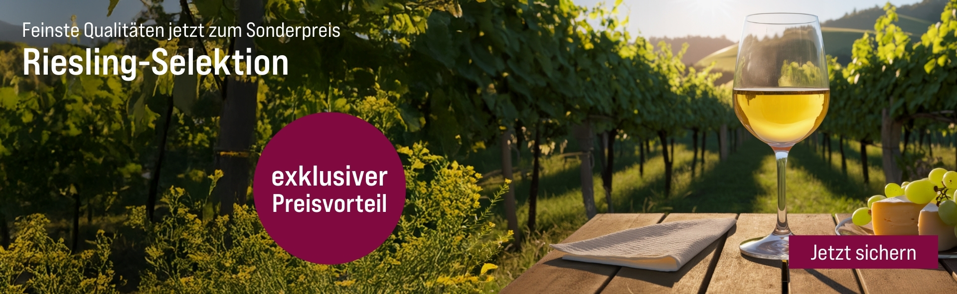 Silkes Weinkeller Weinaktion mit dem Slogan "Feinste Qualitäten jetzt zum Sonderpreis. Riesling-Selektion". Im Hintergrund Weinreben, davor ein Holztisch, auf dem ein Glas Weißwein steht. Hinweis auf "exklusiver Preisvorteil". Unten Button "Jetzt sichern"