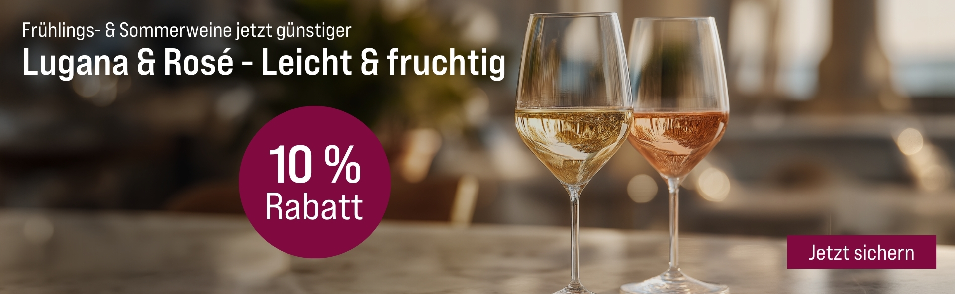 Silkes Weinkeller Weinaktion mit dem Slogan "Frühlings- und Sommerweine jetzt günstiger. Lugana und Rosé - Leicht und fruchtig". Im Hintergrund ein Glas Weißwein und ein Glas Roséwein. Hinweis auf "10 % Rabatt". Unten Button "Jetzt sichern".