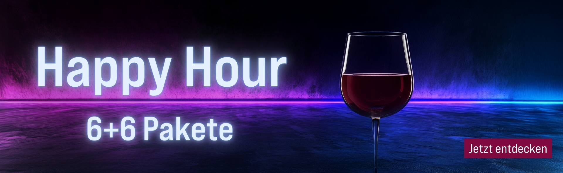 Silkes Weinkeller Weinaktion mit dem Slogan "Happy Hour. 6+6 Pakete". Blau-lilafarbener Hintergrund, davor ein Glas Rotwein. Unten Button "Jetzt entdecken".
