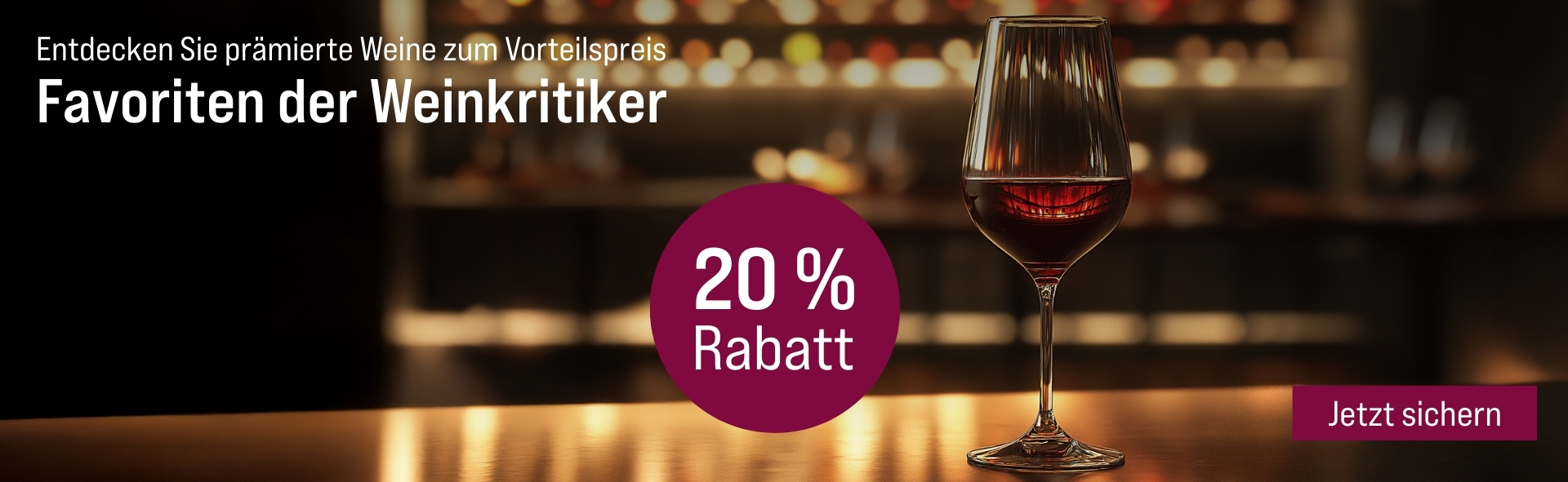 Silkes Weinkeller Weinaktion mit dem Slogan "Entdecken Sie prämierte Weine zum Vorteilspreis. Favoriten der Weinkritiker". Im Hintergrund ein Weinregal, davor ein Glas Rotwein auf einem Tisch. Hinweis auf "20 % Rabatt". Unten Button "Jetzt sichern".