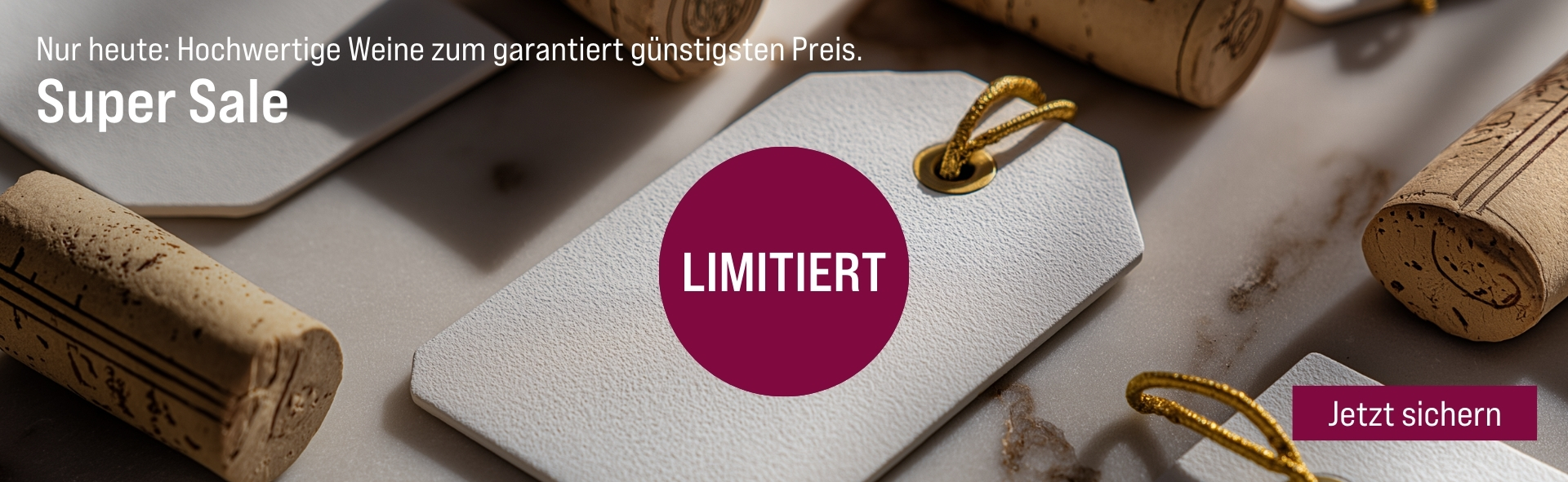 Silkes Weinkeller Weinaktion mit dem Slogan "Nur heute: Hochwertige Weine zum garantiert günstigsten Preis. Super Sale". Im Hintergrund weiß-goldene Rabattschilder und Weinkorken. Hinweis auf "Limitiert". Unten Button "Jetzt sichern".