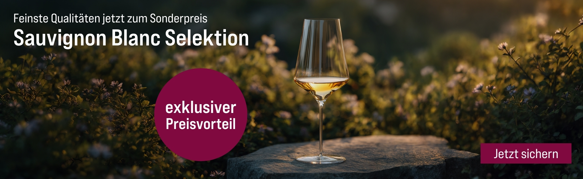 Silkes Weinkeller Weinaktion mit dem Slogan "Feinste Qualitäten jetzt zum Sonderpreis. Sauvignon Blanc Selektion". Im Hintergrund Blumensträucher, mittig ein Glas Wein auf einem Stein. Hinweis auf "exklusiver Preisvorteil". Unten Button "Jetzt sichern".