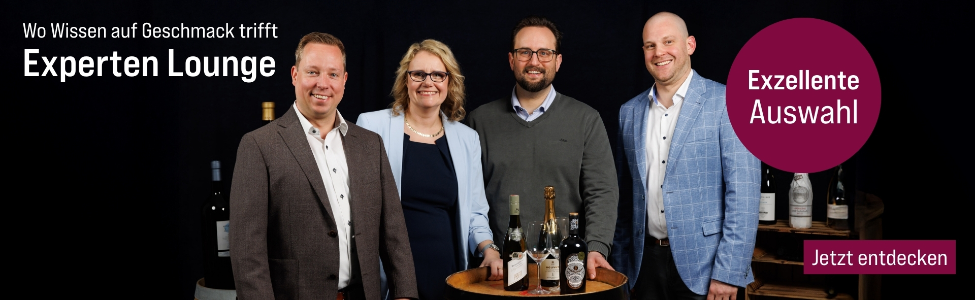 Silkes Weinkeller Weinaktion mit dem Slogan "Wo Wissen auf Geschmack trifft. Experten Lounge". Im Hintergrund vier Personen, die um einen kleinen Tisch mit Wein darauf stehen. Hinweis auf "Exzellente Auswahl". Unten Button "Jetzt entdecken".