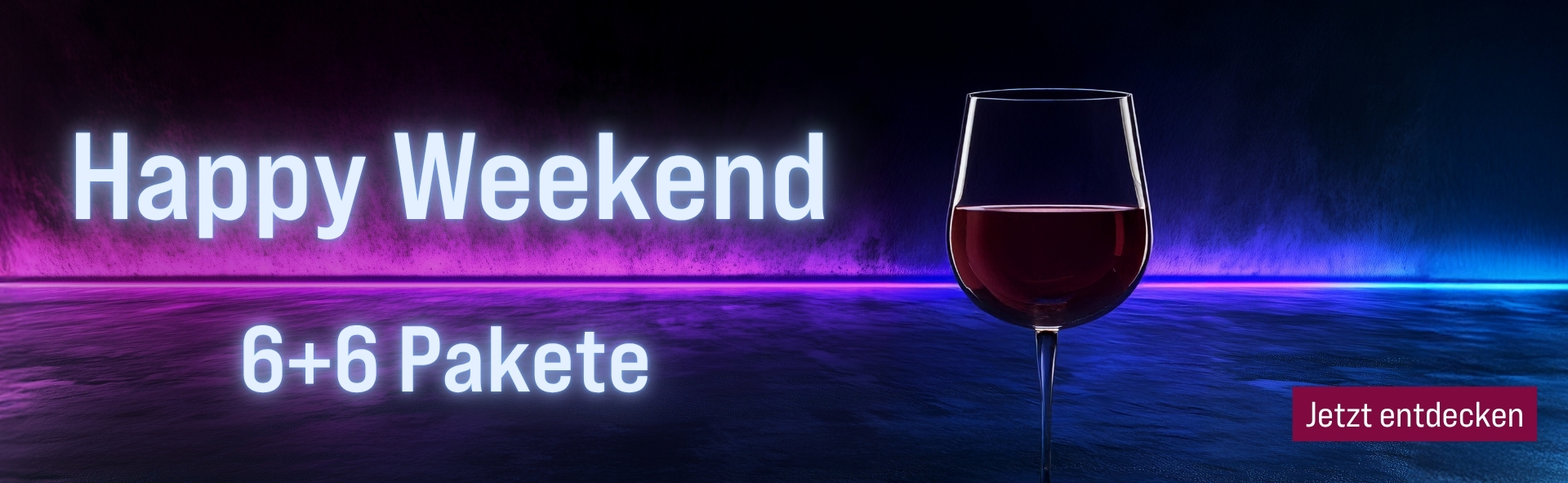 Silkes Weinkeller Weinaktion mit dem Slogan "Happy Weekend. 6+6 Pakete". Blau-lilafarbener Hintergrund, davor ein Glas Rotwein. Unten Button "Jetzt entdecken".