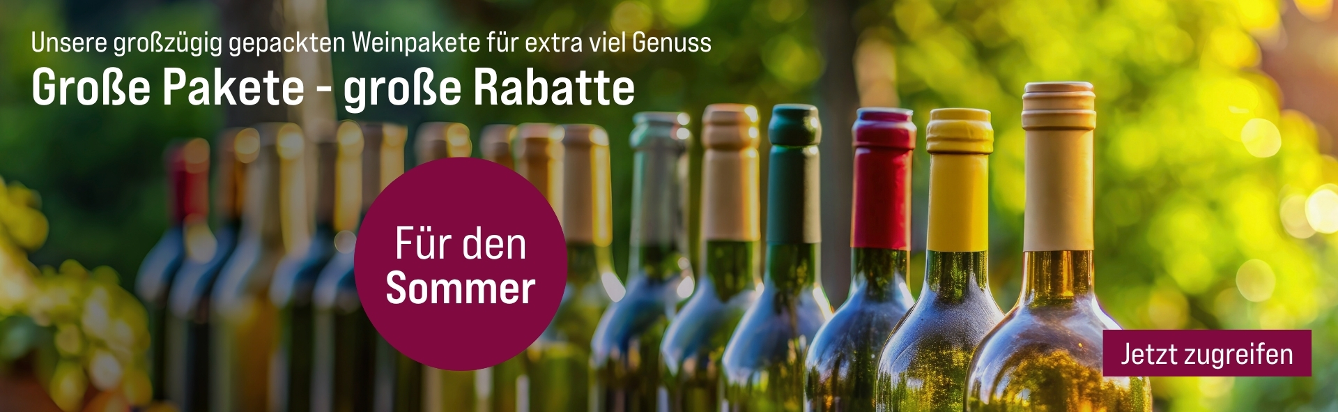 Silkes Weinkeller Weinaktion mit dem Slogan "Unsere großzügig gepackten Weinpakete für extra viel Genuss. Große Pakete - große Rabatte". Im Hintergrund ein Baum, davor mehrere Flaschen Wein. Hinweis auf "Für den Sommer". Unten Button "Jetzt zugreifen".
