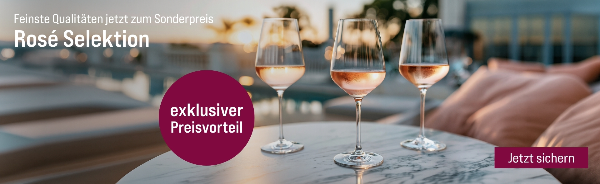 Silkes Weinkeller Weinaktion mit dem Slogan "Feinste Qualitäten jetzt zum Sonderpreis. Rosé Selektion". Im Hintergrund ein Swimming-Pool bei Sonnenuntergang, davor zwei Gläser Roséwein. Hinweis auf "exklusiver Preisvorteil". Unten Button "Jetzt sichern".