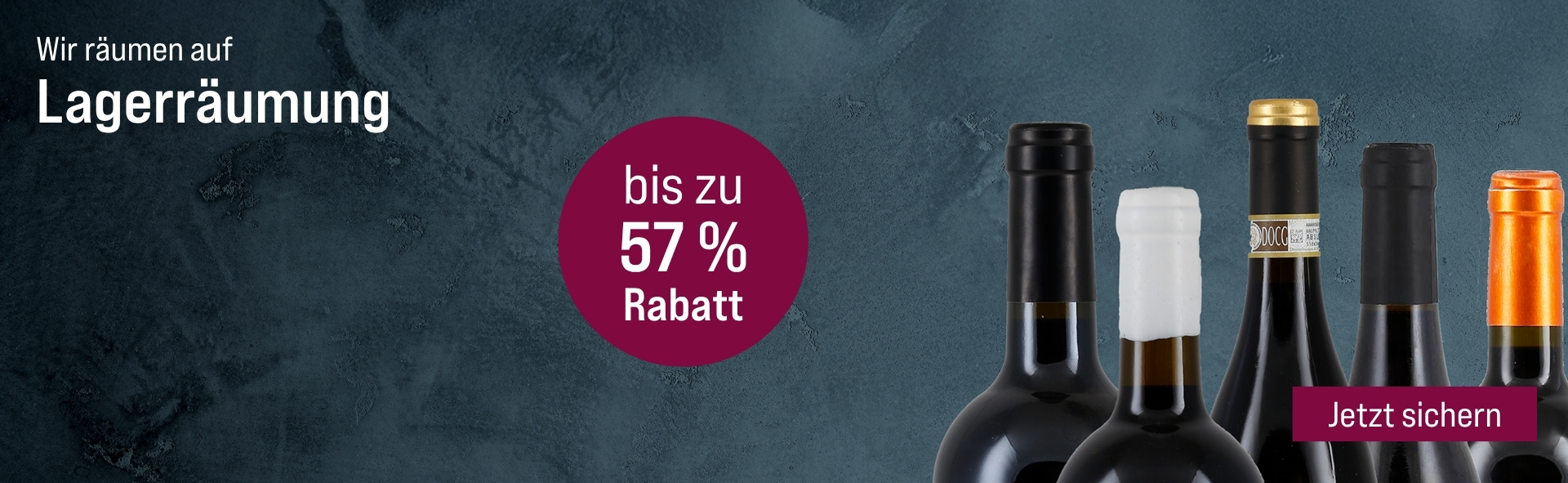 Silkes Weinkeller Weinaktion mit dem Slogan "Wir räumen auf - Inventur. Lagerräumung". Grauer Hintergrund mit fünf Flaschenhälsen auf der rechten Seite. Hinweis auf "bis zu 57 % sparen". Unten Button "Jetzt sichern".