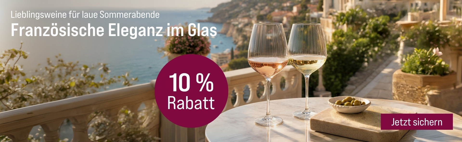 Silkes Weinkeller Weinaktion mit dem Slogan "Lieblingsweine für laue Sommerabende. Französische Eleganz im Glas". Im Hintergrund zwei Gläser Wein auf einem Tisch, dahinter ein Balkon mit Meerblick. Hinweis auf "10 % Rabatt". Unten Button "Jetzt sichern".