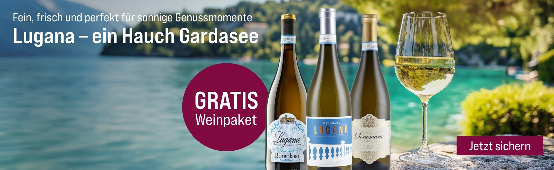 Silkes Weinkeller Weinaktion mit dem Slogan "Fein, frisch und perfekt für sonnige Genussmomente. Lugana - ein Hauch Gardasee". Im Hintergrund ein See, ein Glas Wein und drei Flaschen Lugana. Hinweis auf "Gratis Weinpaket". Unten Button "Jetzt sichern". | KI-generiert