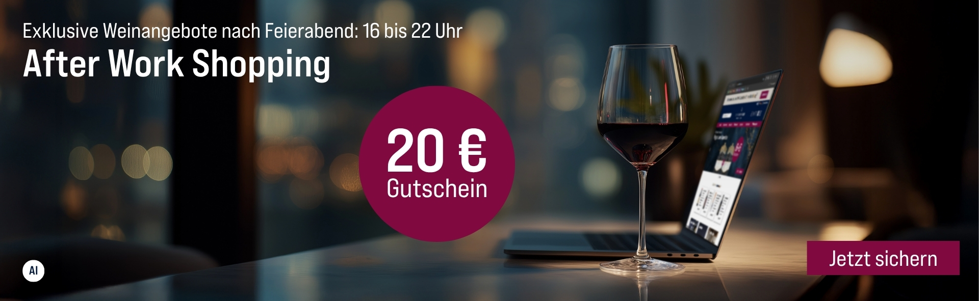 Silkes Weinkeller Weinaktion mit dem Slogan "Exklusive Weinangebote nach Feierabend: 16 bis 22 Uhr. After Work Shopping". Im Hintergrund ein Laptop und ein Glas Rotwein. Hinweis auf "20 € Gutschein". Unten Button "Jetzt sichern". | KI-generiert