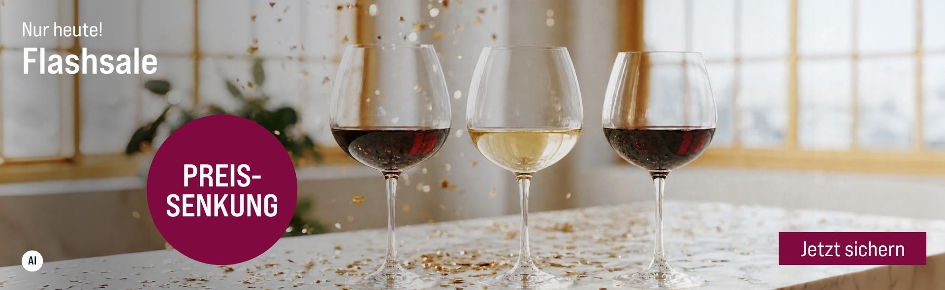 Silkes Weinkeller Weinaktion mit dem Slogan "Nur heute! Flashsale". Im Hintergrund goldenes Konfetti, davor ein Glas Rotwein und ein Glas Weißwein. Hinweis auf "Preissenkung". Unten Button "Jetzt sichern". | KI-generiert