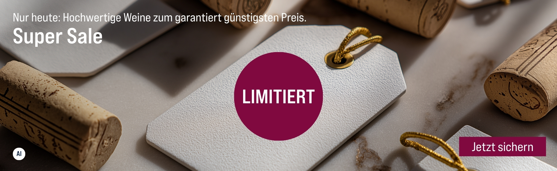 Silkes Weinkeller Weinaktion mit dem Slogan "Nur heute: Hochwertige Weine zum garantiert günstigsten Preis. Super Sale". Im Hintergrund weiß-goldene Rabattschilder und Weinkorken. Hinweis auf "Limitiert". Unten Button "Jetzt sichern". | KI-generiert