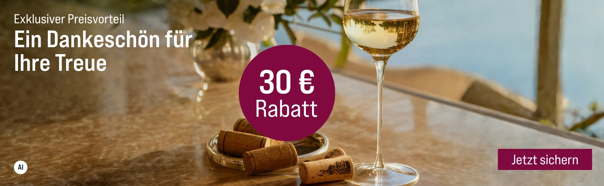 Silkes Weinkeller Weinaktion mit dem Slogan "Exklusiver Preisvorteil. Ein Dankeschön für Ihre Treue". Im Hintergrund ein Glas Weißwein und Weinkorken auf Marmor. Hinweis auf "30 € Rabatt". Unten Button "Jetzt sichern". | KI-generiert