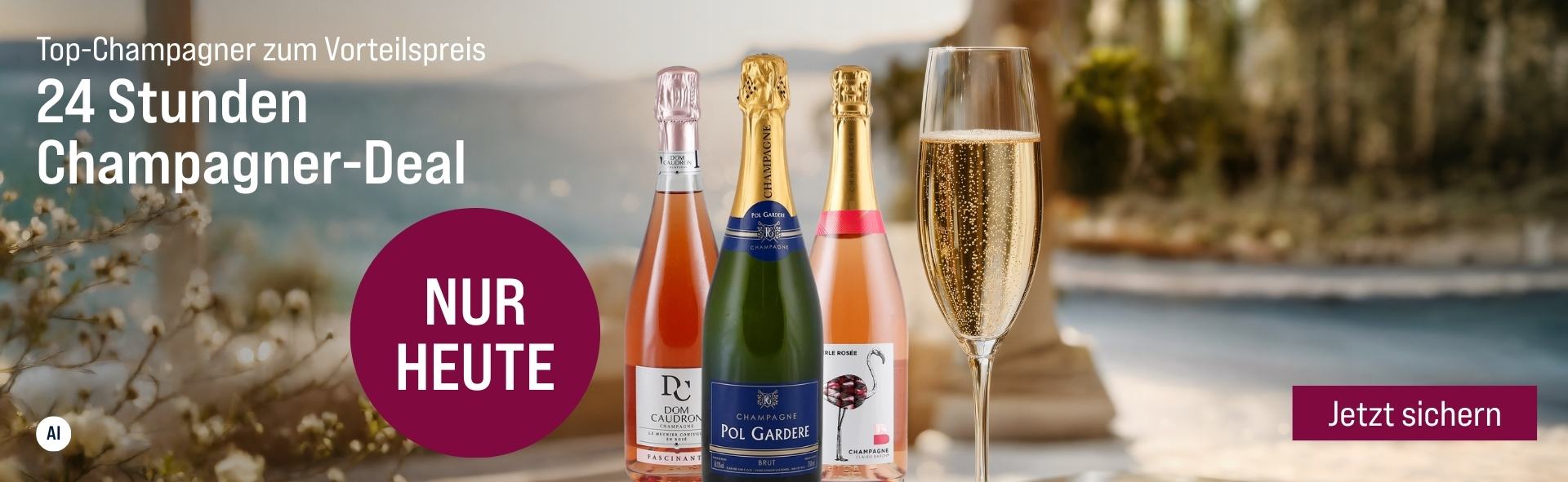 Silkes Weinkeller Weinaktion mit dem Slogan "Top-Champagner zum Vorteilspreis. 24 Stunden Champagner-Deal". Im Hintergrund ein Pool und das Meer, vorne ein Glas Champagner. Hinweis auf "Nur heute". Unten Button "Jetzt sichern". Mittig drei Flaschen. | KI-generiert