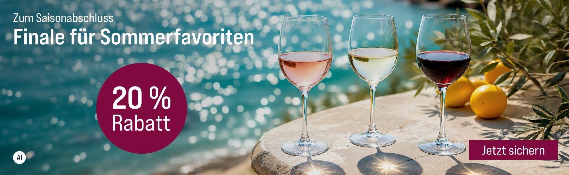 Silkes Weinkeller Weinaktion mit dem Slogan "Zum Saisonabschluss. Finale für Sommerfavoriten". Im Hintergrund das Meer, im Vordergrund je ein Glas Rosé-, Weiß- und Rotwein auf einem Vorsprung, daneben eine Pflanze und Zitronen. Hinweis auf "20 % Rabatt". | KI-generiert