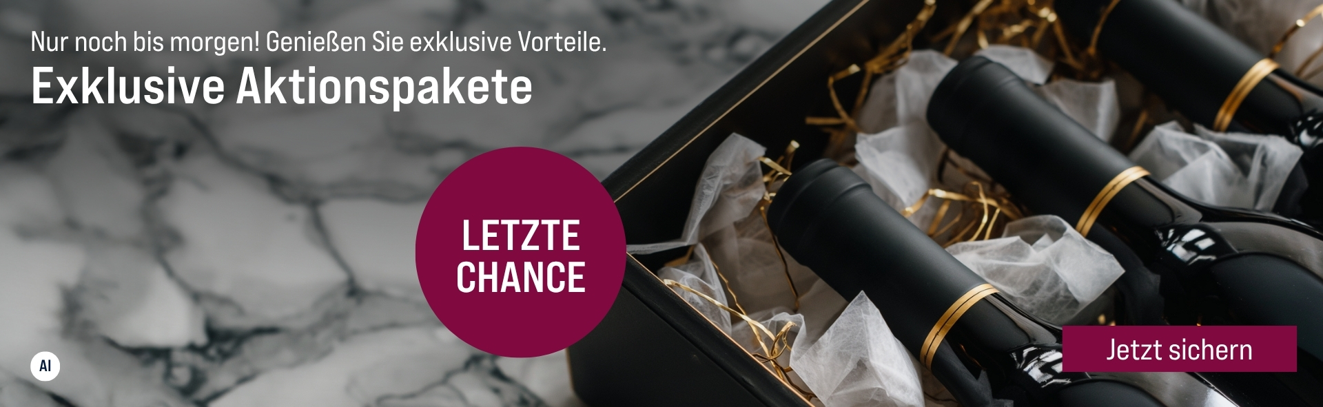 Silkes Weinkeller Weinaktion mit dem Slogan "Nur noch bis morgen. Genießen Sie exklusive Vorteile. Exklusive Aktionspakete". Im Hintergrund eine schwarze Weinkiste auf weißem Marmor. Hinweis auf "Letzte Chance". Unten Button "Jetzt sichern". | KI-generiert