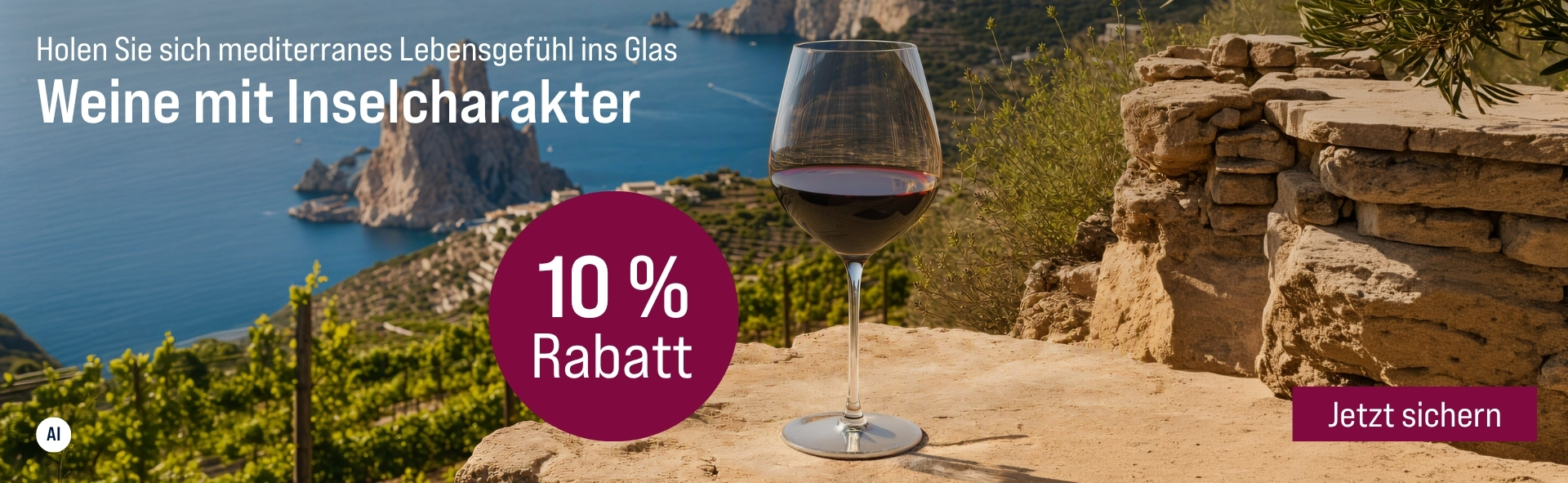 Silkes Weinkeller Weinaktion mit dem Slogan "Holen Sie sich mediterranes Lebensgefühl ins Glas. Weine mit Inselcharakter". Im Hintergrund ein Glas Rotwein und Blick auf das Meer. Hinweis auf "10 % Rabatt". Unten Button "Jetzt sichern". | KI-generiert