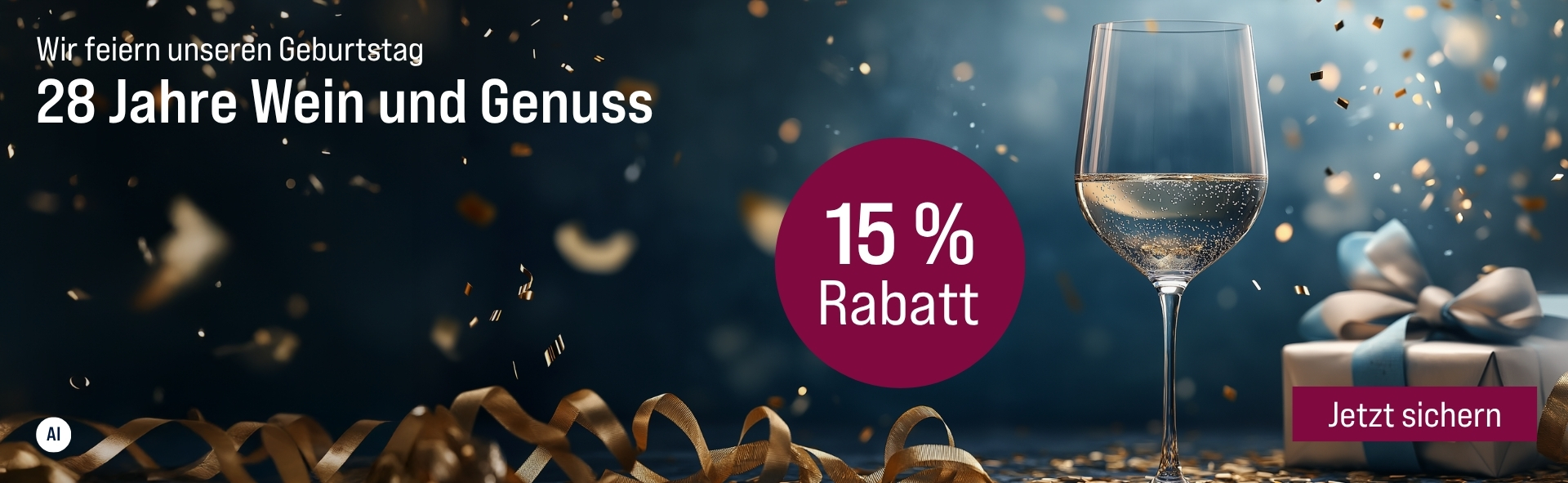 Silkes Weinkeller Weinaktion mit dem Slogan "Wir feiern Geburtstag. 28 Jahre Wein und Genuss". Dunkelblauer Hintergrund mit goldenem Konfetti, einem Geschenk und einem Glas Weißwein. Hinweis auf "15 % Rabatt". Unten Button "Jetzt sichern". | KI-generiert