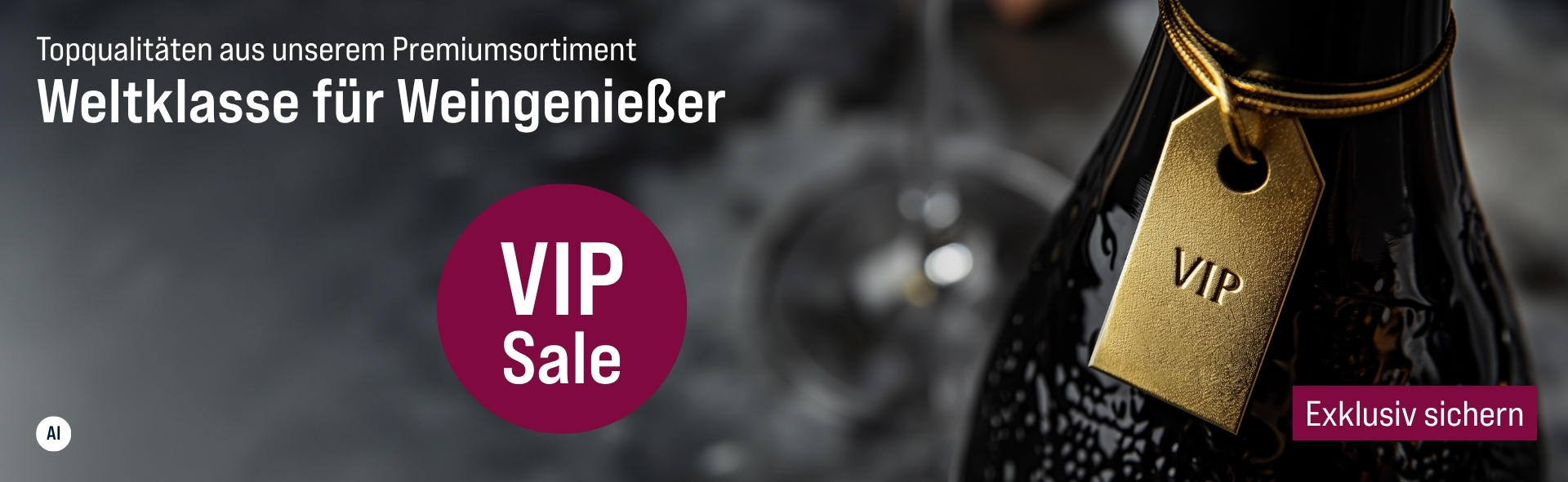 Silkes Weinkeller Weinaktion mit dem Slogan "Topqualitäten aus unserem Premiumsortiment. Weltklasse für Weingenießer". Im Hintergrund eine Flasche Wein mit VIP-Schild um den Flaschenhals. Hinweis auf "VIP Sale". Unten Button "Exklusiv sichern". | KI-generiert