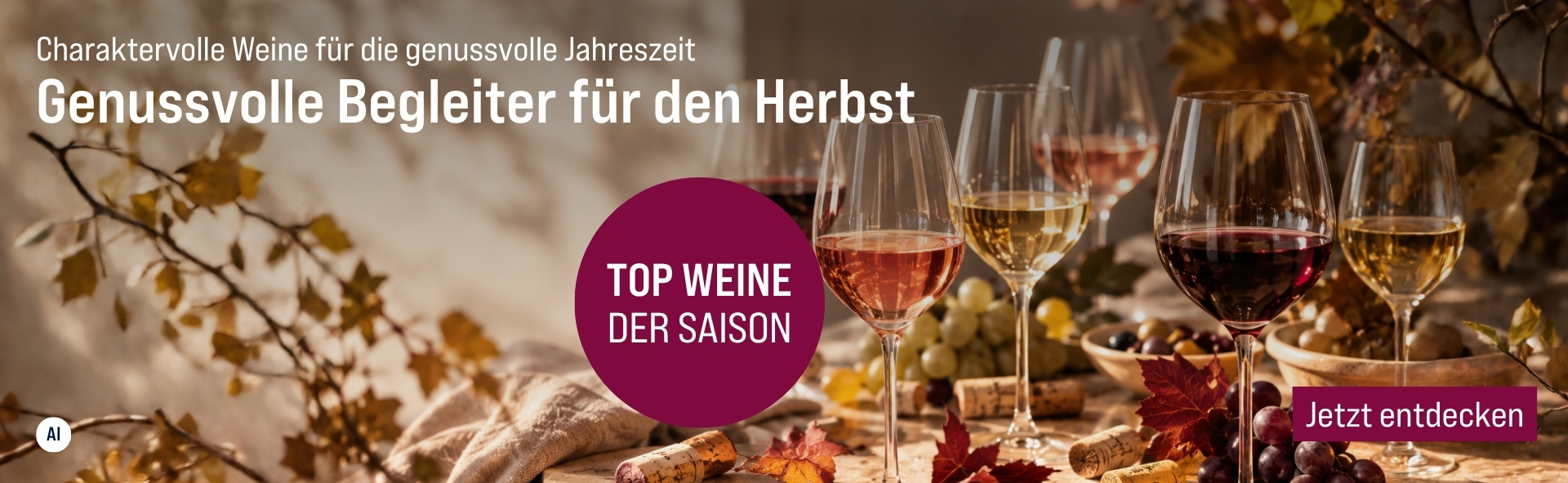 Silkes Weinkeller Weinaktion mit dem Slogan "Charaktervolle Weine für die genussvolle Jahreszeit. Genussvolle Begleiter für den Herbst". Im Hintergrund ein herbstliches Weinarrangement. Hinweis auf "Top Weine der Saison". Unten Button "Jetzt entdecken". | KI-generiert