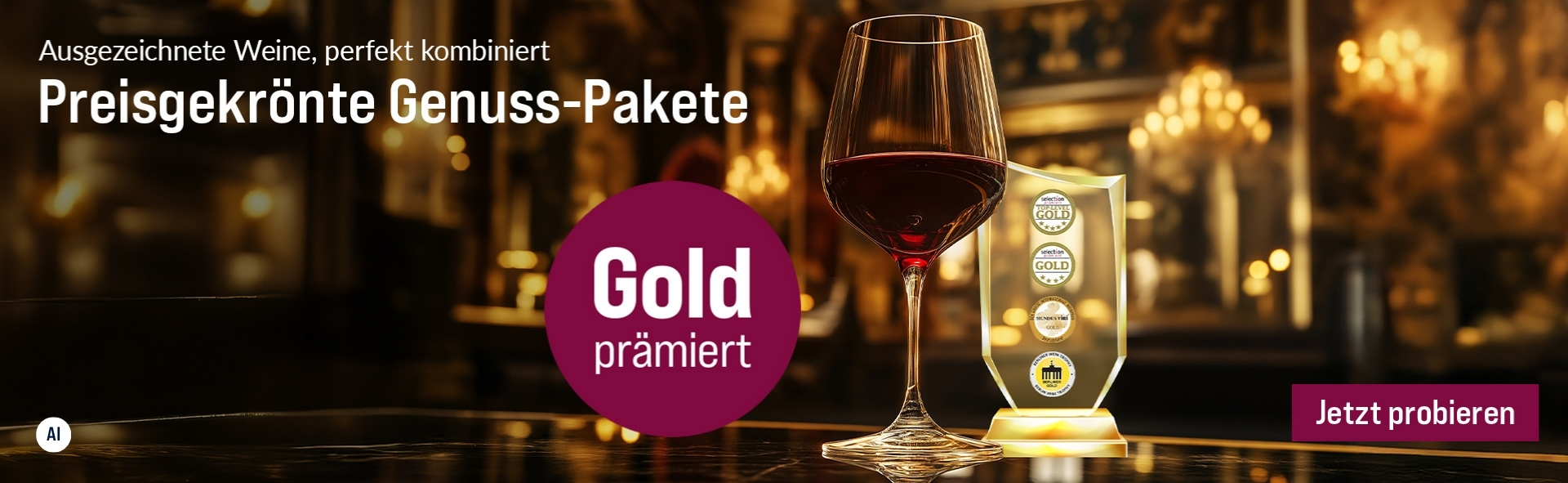 Silkes Weinkeller Weinaktion mit dem Slogan "Ausgezeichnete Weine, perfekt kombiniert. Preisgekrönte Genuss-Pakete". Im Hintergrund ein Glas Rotwein neben einer Auszeichnung. Hinweis auf "Gold prämiert". Unten Button "Jetzt probieren". | KI-generiert