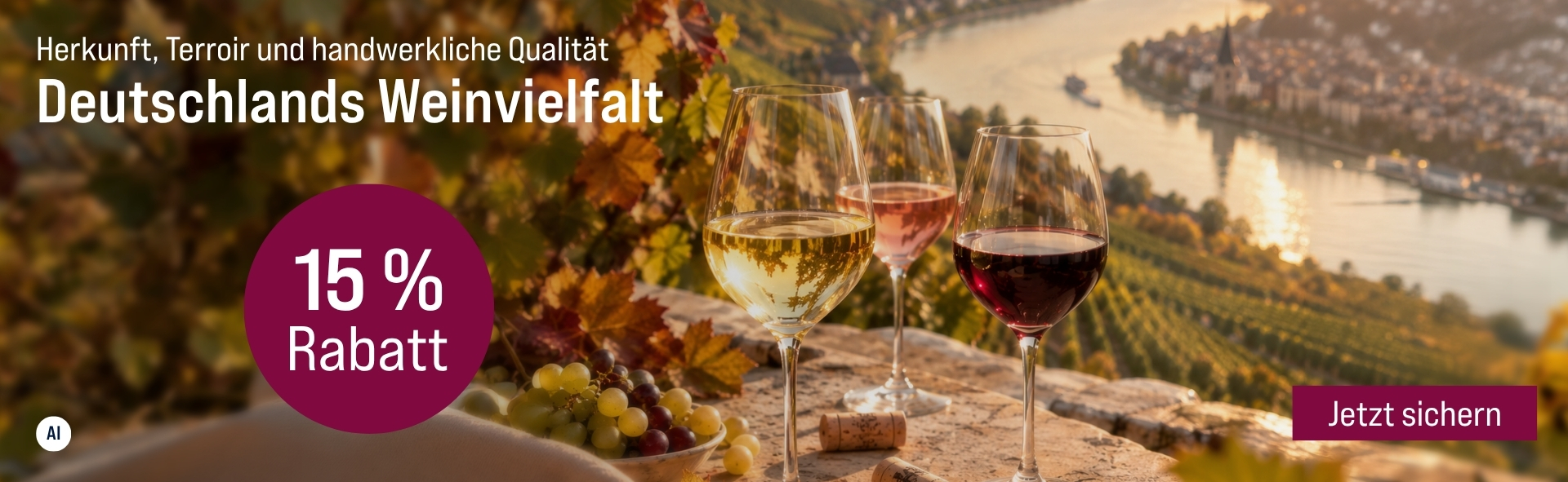 Silkes Weinkeller Weinaktion mit dem Slogan "Herkunft, Terroir und handwerkliche Qualität. Deutschlands Weinvielfalt". Im Hintergrund ein herbstliches Weinarrangement und ein Fluss. Hinweis auf "15 % Rabatt". Unten Button "Jetzt sichern". | KI-generiert