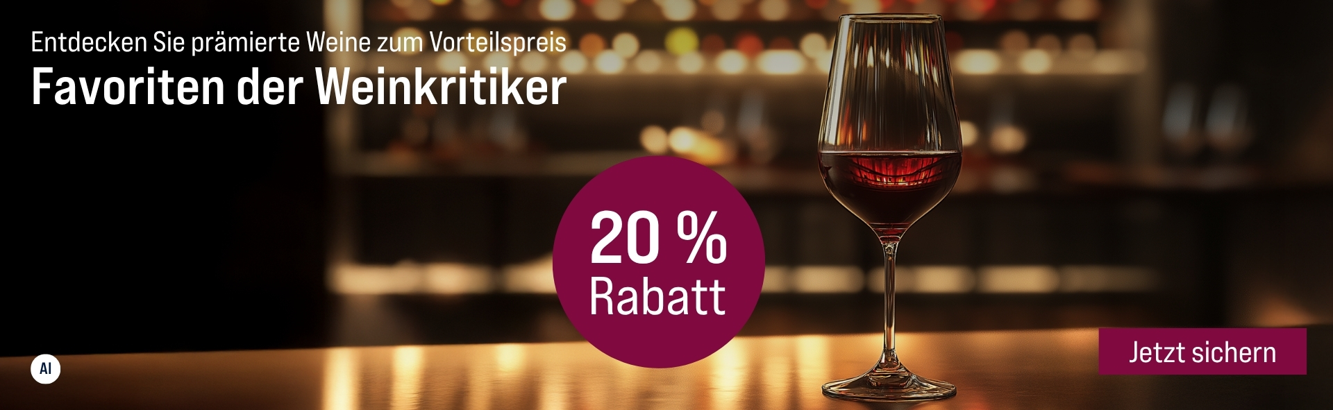 Silkes Weinkeller Weinaktion mit dem Slogan "Entdecken Sie prämierte Weine zum Vorteilspreis. Favoriten der Weinkritiker". Im Hintergrund eine Bar und ein Glas Rotwein auf einem Tresen. Hinweis auf "20 % Rabatt". Unten Button "Jetzt sichern". | KI-generiert
