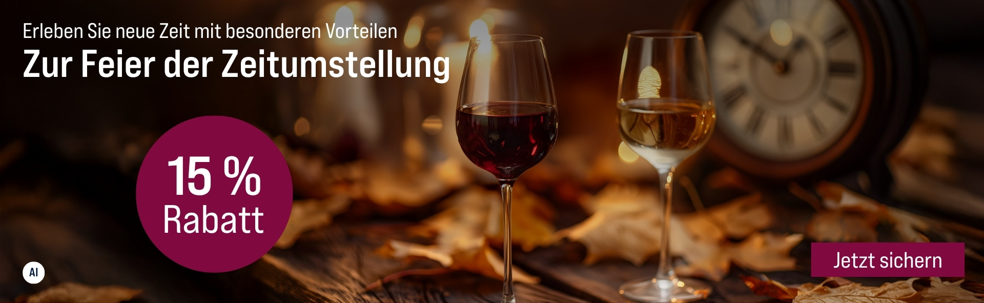 Silkes Weinkeller Weinaktion mit dem Slogan "Erleben Sie neue Zeit mit besonderen Vorteilen. Zur Feier der Zeitumstellung". Im Hintergrund herbstliches Laub, zwei Weingläser und eine Uhr. Hinweis auf "15 % Rabatt". Unten Button "Jetzt sichern". | KI-generiert