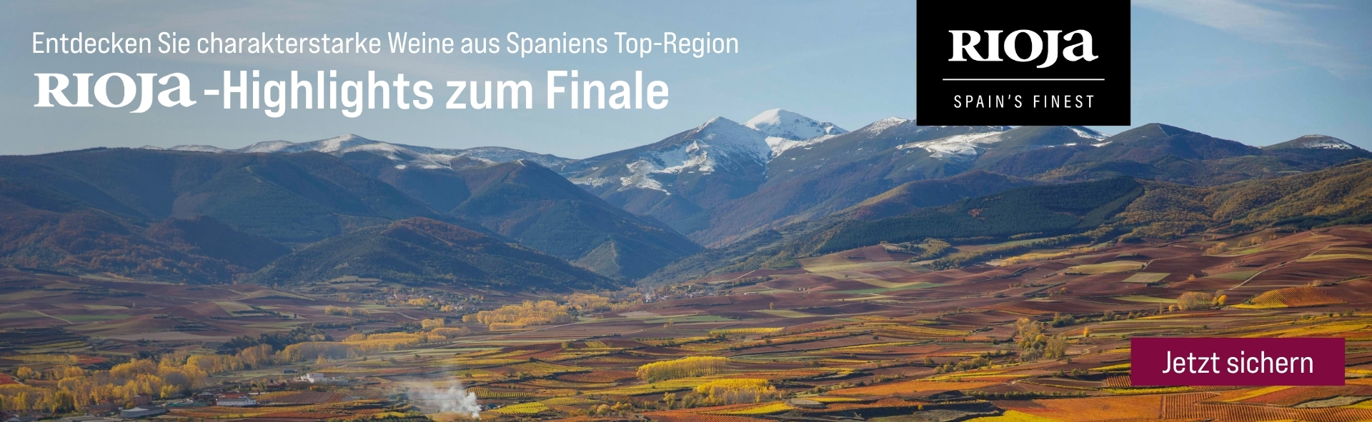 Silkes Weinkeller Weinaktion mit dem Slogan "Entdecken Sie charakterstarke Weine aus Spaniens Top-Region. Rioja-Highlights zum Finale". Im Hintergrund eine Berglandschaft. Hinweis auf "Rioja. Spain's Finest". Unten Button "Jetzt sichern". | KI-generiert