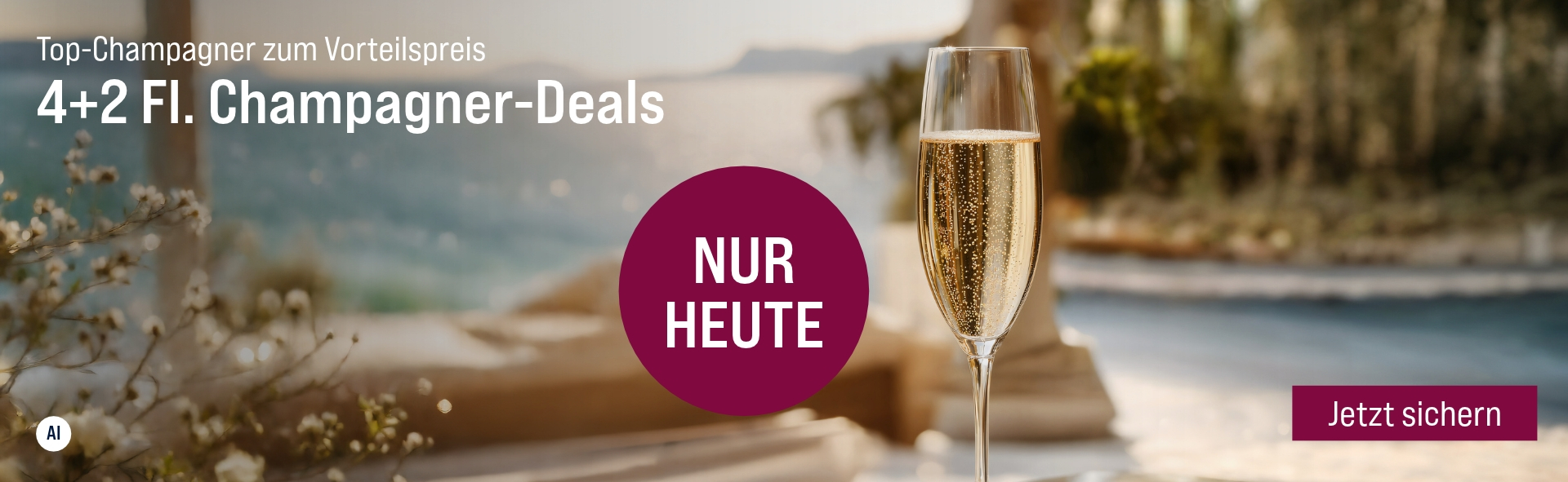 Silkes Weinkeller Weinaktion mit dem Slogan "Top-Champagner zum Vorteilspreis. 4+2 Fl. Champagner-Deal". Im Hintergrund ein Pool und das Meer, vorne ein Glas Champagner. Hinweis auf "Nur heute". Unten Button "Jetzt sichern". | KI-generiert