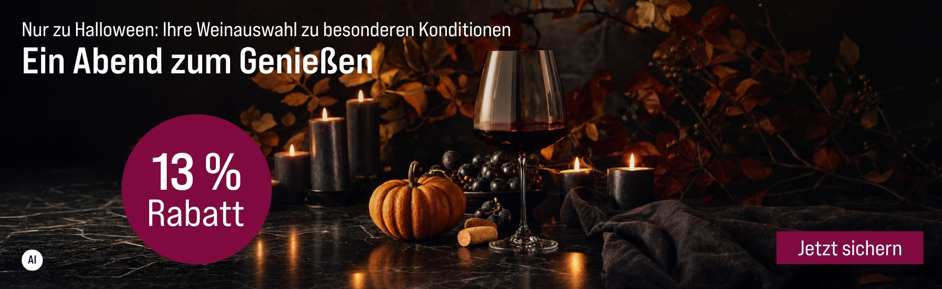 Silkes Weinkeller Weinaktion mit dem Slogan "Nur zu Halloween: Ihre Weinauswahl zu besonderen Konditionen. Ein Abend zum Genießen". Im Hintergrund Kerzen, ein Kürbis und ein Glas Rotwein. Hinweis auf "13 % Rabatt". Unten Button "Jetzt sichern". | KI-generiert