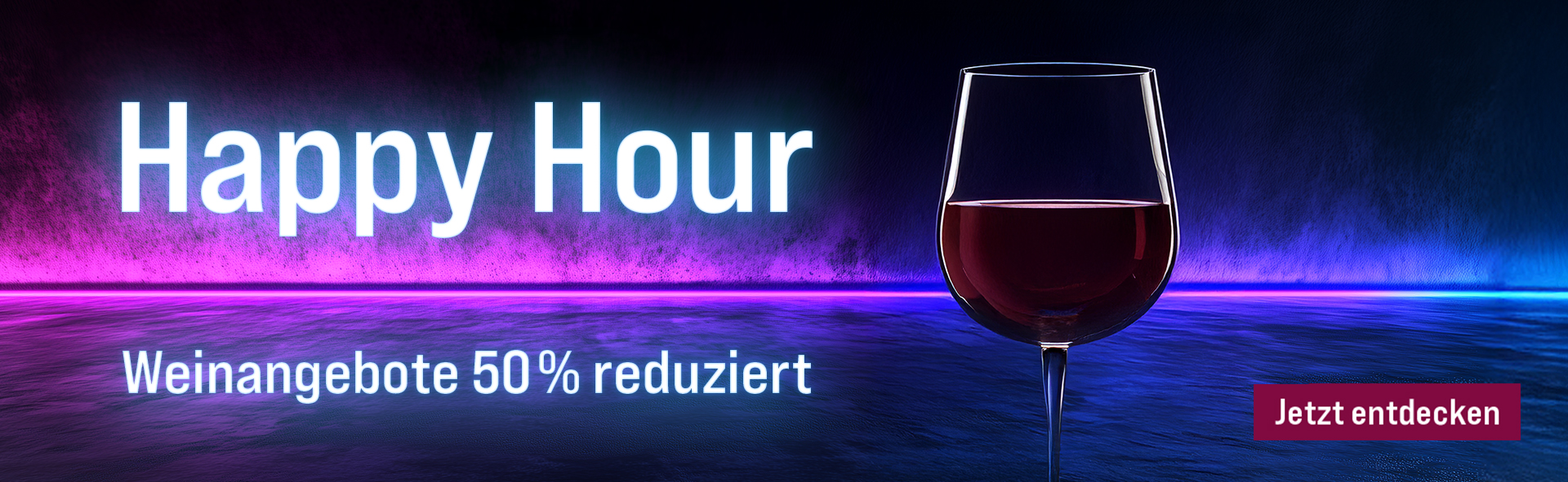 Silkes Weinkeller Weinaktion mit dem Slogan "Happy Hour. Jeder Wein nur 24,90 €". Blau-lilafarbener Hintergrund, davor ein Glas Rotwein. Unten Button "Jetzt entdecken".