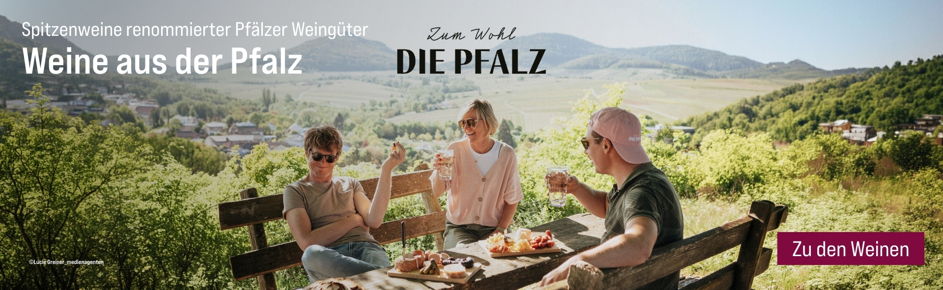 Silkes Weinkeller Weinaktion mit dem Slogan „Weine aus der Pfalz". Pfälzer Hügellandschaft, davor drei Personen an einem Holztisch mit Weingläsern und Snacks. Hinweis auf „Spitzenweine renommierter Pfälzer Weingüter". Button „Zu den Weinen