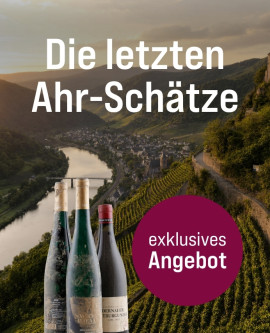 Silkes Weinkeller Weinaktion mit dem Slogan "Die letzten Ahr-Schätze". Im Hintergrund das Ahrtal bei Sonnenuntergang. Hinweis auf "Exklusives Angebot". Links drei Flaschen.