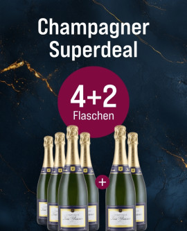 Silkes Weinkeller Weinaktion mit dem Slogan "Champagner Superdeal". Blauer Hintergrund mit goldenen Akzenten, darauf abgebildet 6 Flaschen Louis Bouvier Champagner Brut. Hinweis auf "4+2 Flaschen". | KI-generiert